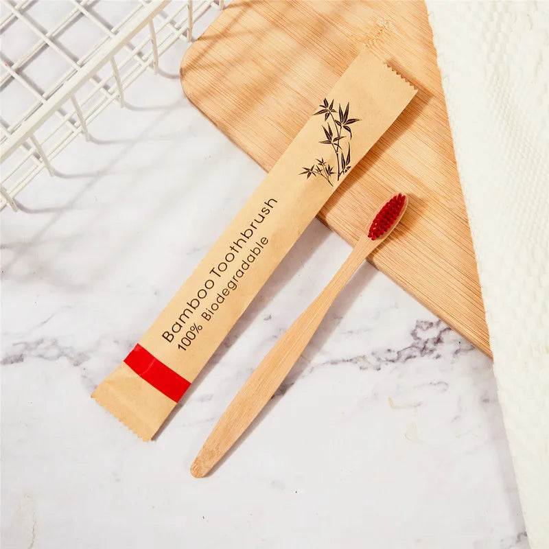 100Pcs Customized Laser Engraving LOGO Bamboo Toothbrushes Portable Eco Friendly Adults Wooden Tooth Brush Hotel Supply Product