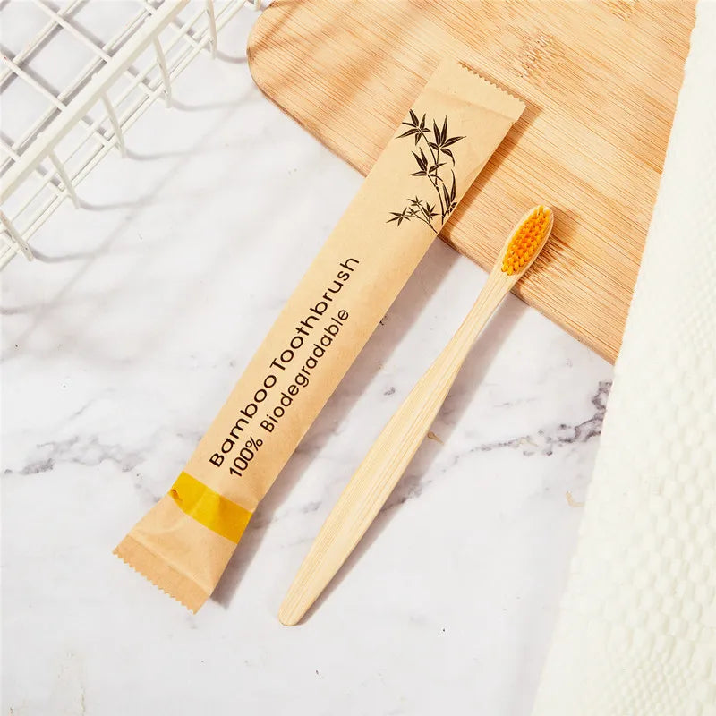 100Pcs Customized Laser Engraving LOGO Bamboo Toothbrushes Portable Eco Friendly Adults Wooden Tooth Brush Hotel Supply Product