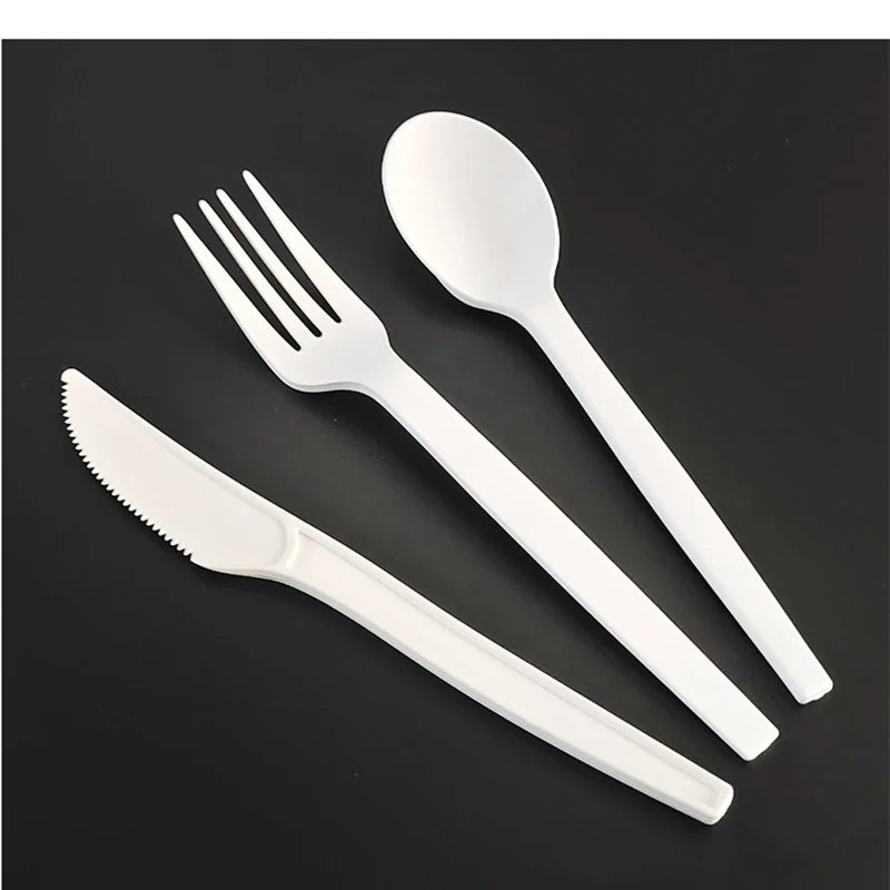 10PCS/Lot Compostable Forks Spoons Knives Cutlery Combo Set Large Disposable Utensils Eco Friendly Durable Tray Forks Spoons