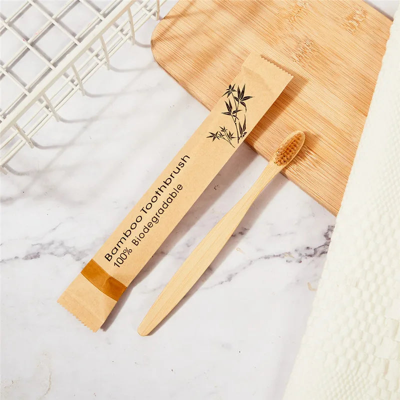 100Pcs Customized Laser Engraving LOGO Bamboo Toothbrushes Portable Eco Friendly Adults Wooden Tooth Brush Hotel Supply Product