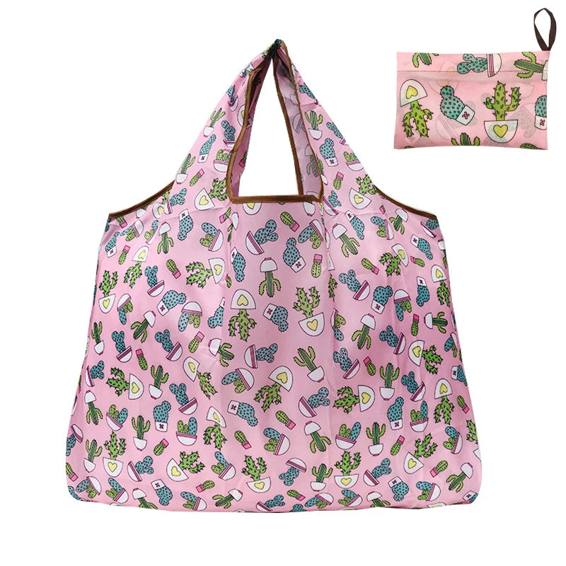 Nylon Foldable Recycle Shopping BagEco Friendly Ladies Reusable Shopping Tote Bag Floral Fruit Vegetable Grocery Pocket