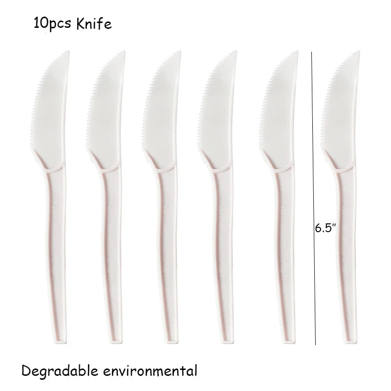 10PCS/Lot Compostable Forks Spoons Knives Cutlery Combo Set Large Disposable Utensils Eco Friendly Durable Tray Forks Spoons