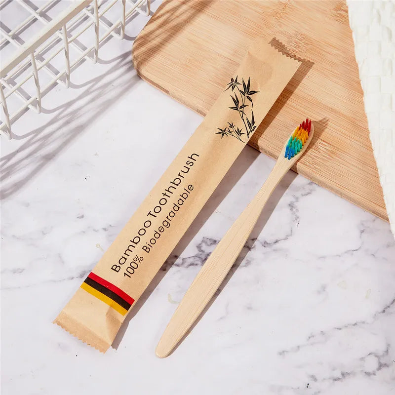 100Pcs Customized Laser Engraving LOGO Bamboo Toothbrushes Portable Eco Friendly Adults Wooden Tooth Brush Hotel Supply Product