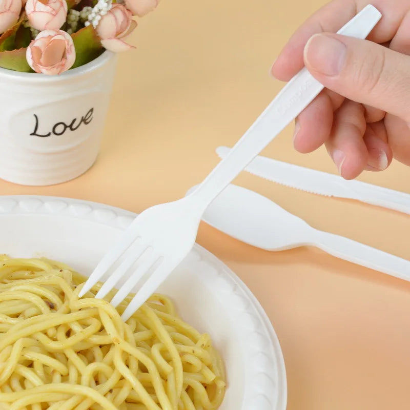10PCS/Lot Compostable Forks Spoons Knives Cutlery Combo Set Large Disposable Utensils Eco Friendly Durable Tray Forks Spoons