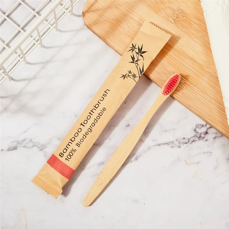 100Pcs Customized Laser Engraving LOGO Bamboo Toothbrushes Portable Eco Friendly Adults Wooden Tooth Brush Hotel Supply Product
