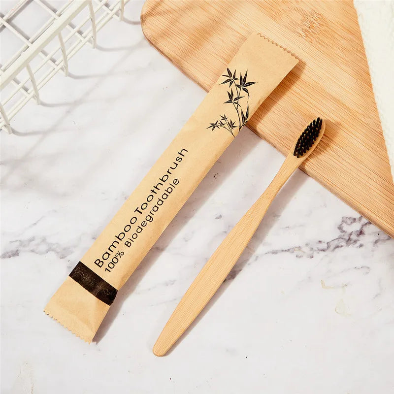 100Pcs Customized Laser Engraving LOGO Bamboo Toothbrushes Portable Eco Friendly Adults Wooden Tooth Brush Hotel Supply Product