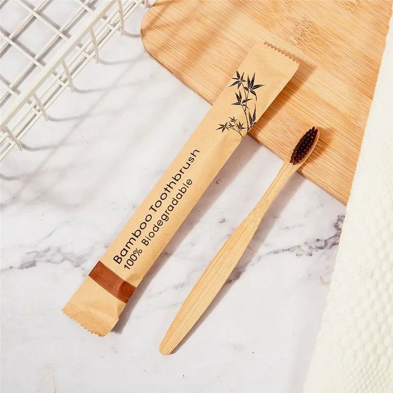 100Pcs Customized Laser Engraving LOGO Bamboo Toothbrushes Portable Eco Friendly Adults Wooden Tooth Brush Hotel Supply Product
