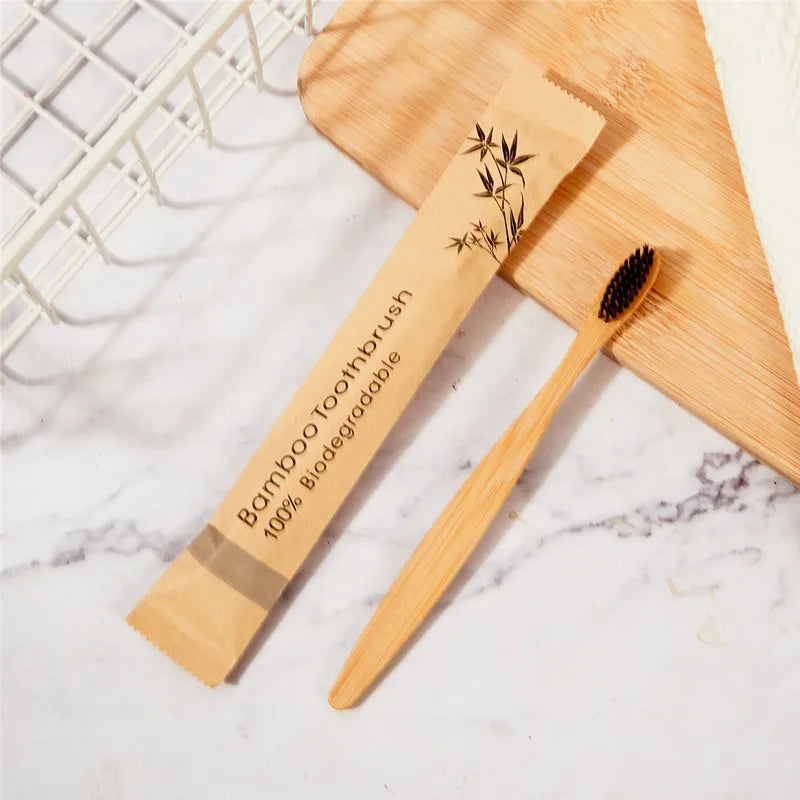 100Pcs Customized Laser Engraving LOGO Bamboo Toothbrushes Portable Eco Friendly Adults Wooden Tooth Brush Hotel Supply Product