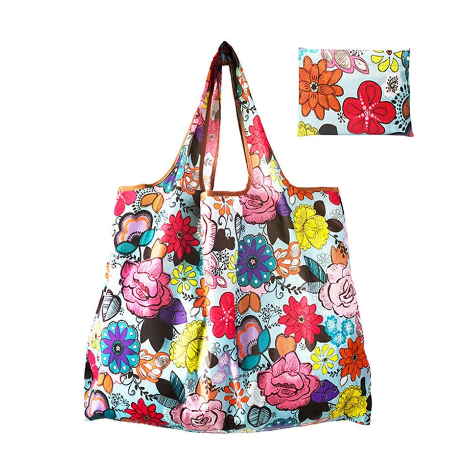 Nylon Foldable Recycle Shopping BagEco Friendly Ladies Reusable Shopping Tote Bag Floral Fruit Vegetable Grocery Pocket