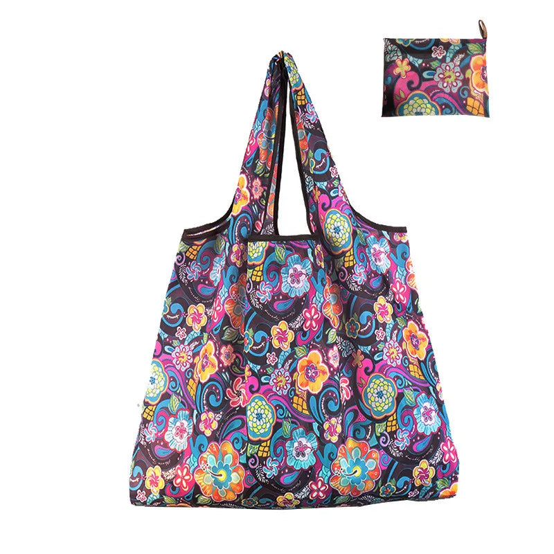 Nylon Foldable Recycle Shopping BagEco Friendly Ladies Reusable Shopping Tote Bag Floral Fruit Vegetable Grocery Pocket