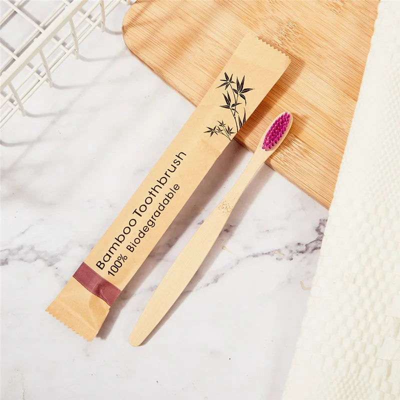 100Pcs Customized Laser Engraving LOGO Bamboo Toothbrushes Portable Eco Friendly Adults Wooden Tooth Brush Hotel Supply Product