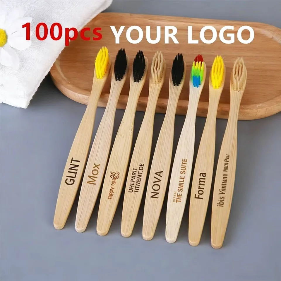 100Pcs Customized Laser Engraving LOGO Bamboo Toothbrushes Portable Eco Friendly Adults Wooden Tooth Brush Hotel Supply Product