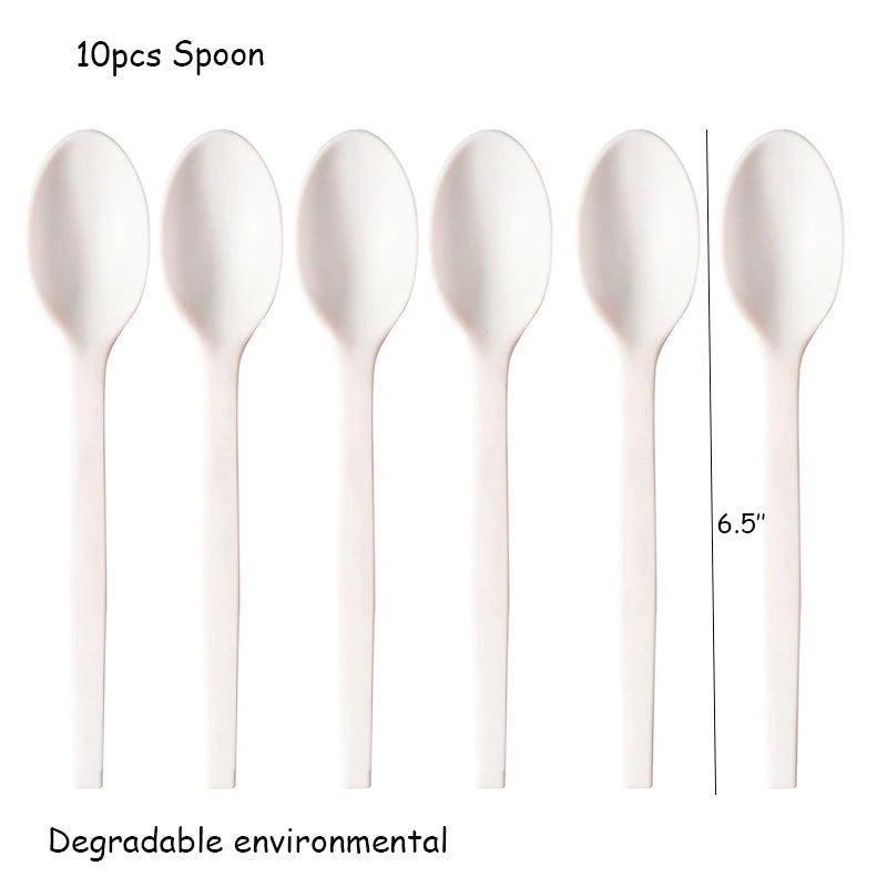 10PCS/Lot Compostable Forks Spoons Knives Cutlery Combo Set Large Disposable Utensils Eco Friendly Durable Tray Forks Spoons