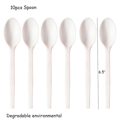 10PCS/Lot Compostable Forks Spoons Knives Cutlery Combo Set Large Disposable Utensils Eco Friendly Durable Tray Forks Spoons