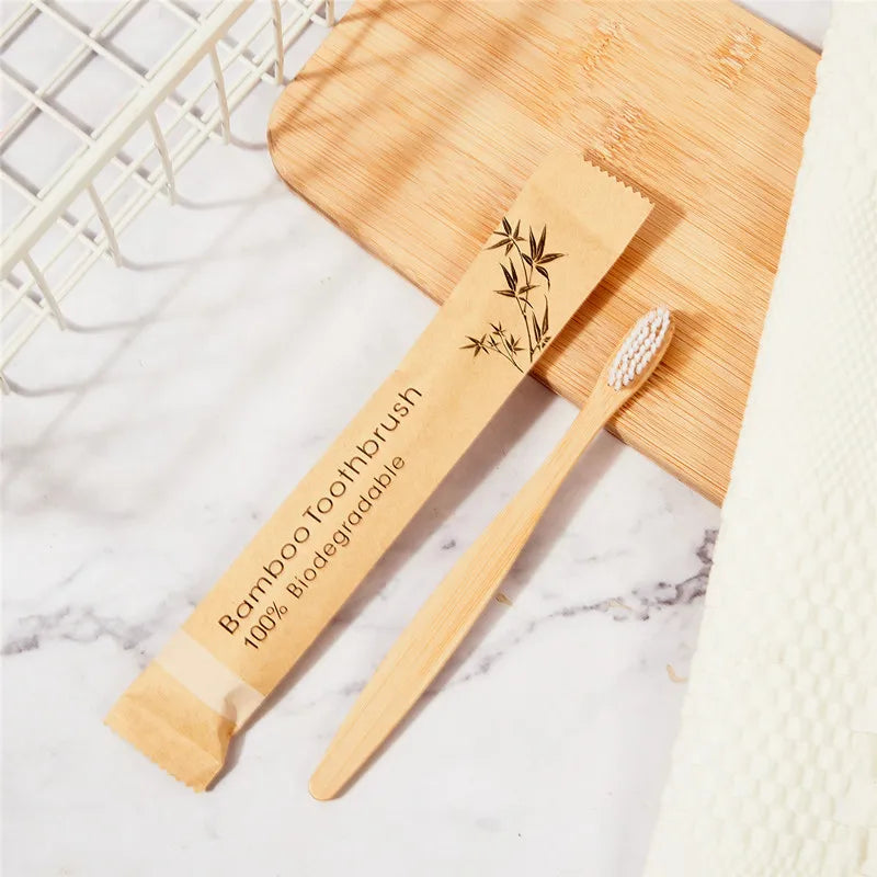 100Pcs Customized Laser Engraving LOGO Bamboo Toothbrushes Portable Eco Friendly Adults Wooden Tooth Brush Hotel Supply Product